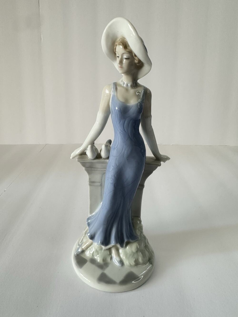 Vintage Porcelain Lady Figurine Blue Dress Hat Birds Pedestal 10” 1990s